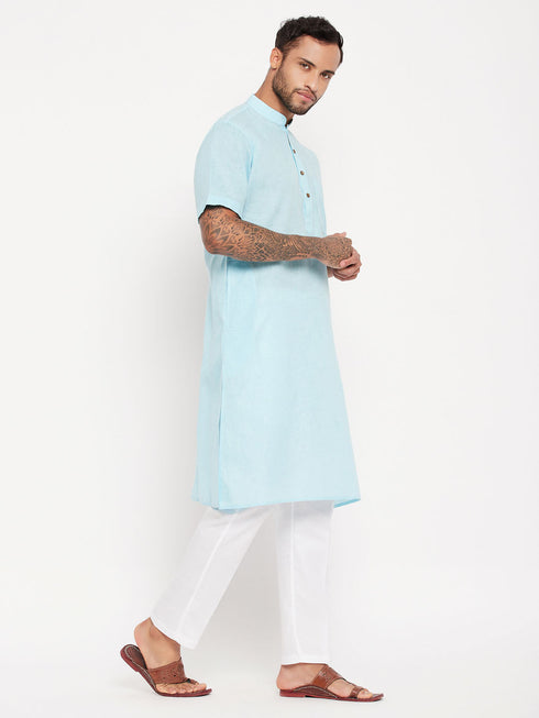 Vastramay Men's Aqua Blue Solid Kurta with White Pant Style Pyjama Set